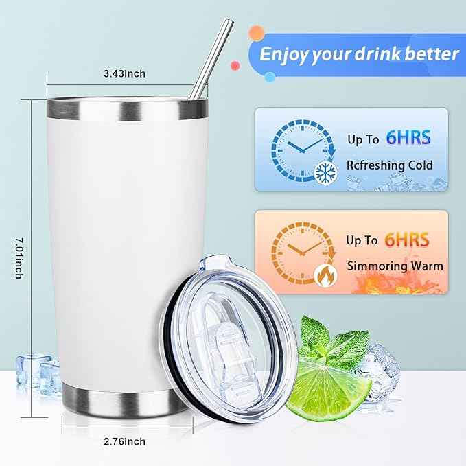 20oz Tumbler with Straw and Brush, Stainless Steel Vacuum Insulated tumbler, Double Wall Insulated Coffee Tumbler for Outdoor, Home, Travel,Office (White,4pcs)
