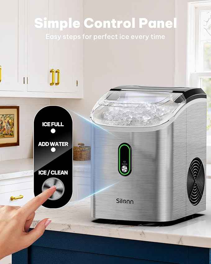 Silonn Nugget Ice Maker Countertop, Pellet Ice Machine with Self-Cleaning Function, Sonic Ice Maker Produces 33lbs of Chewable Ice in 24 Hours, Ideal for Home Kitchen and Office (Stainless Steel)
