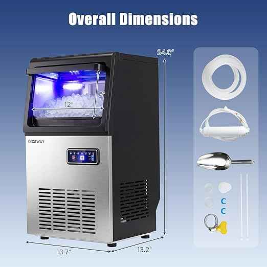 COSTWAY Commercial Nugget Ice Maker Machine, 90 Lbs/24H Chewable Pellet Ice, 10 Lbs Storage Bin, Self-Cleaning, Under Counter Soft Sonic Ice Machine for Office Kitchen Bar Cafe, Stainless Steel