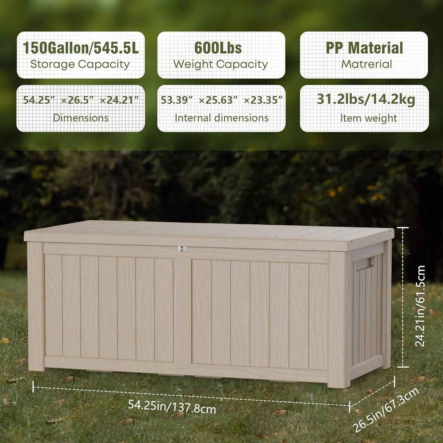 150 Gallon Outdoor Storage Box Patio Deck Box Waterproof, Resin Lockable Outside Large Storage Bin for Pool Cushion Furniture, Garden Tools UV-Resistant, Grey