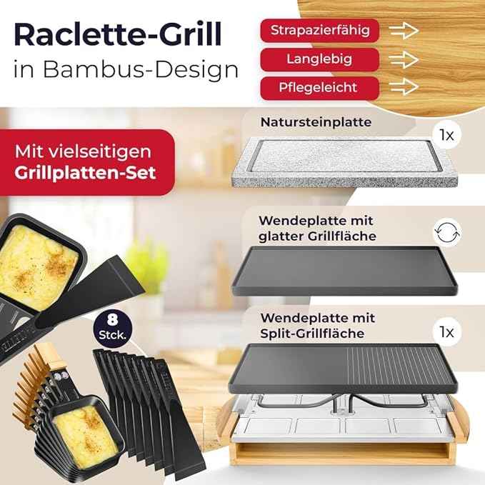 KESSER Raclette Grill with Natural Stone, Table Grill Plate for 8 People, Electric Raclette Grill with Non-Stick Plate, 8 Pots and Wooden Spatula 1200W