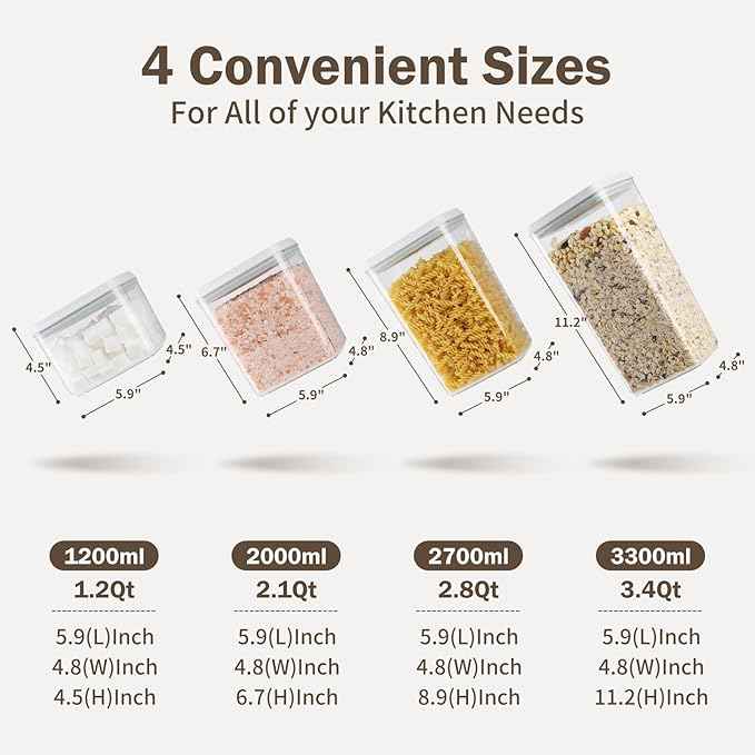 Melovom 8 Pcs Pop Food Storage Containers Airtight Food Storage Containers Set with Lids Kitchen Pantry Organization and Storage, 3.4Qt, 2.8Qt, 2.1Qt, 1.2Qt