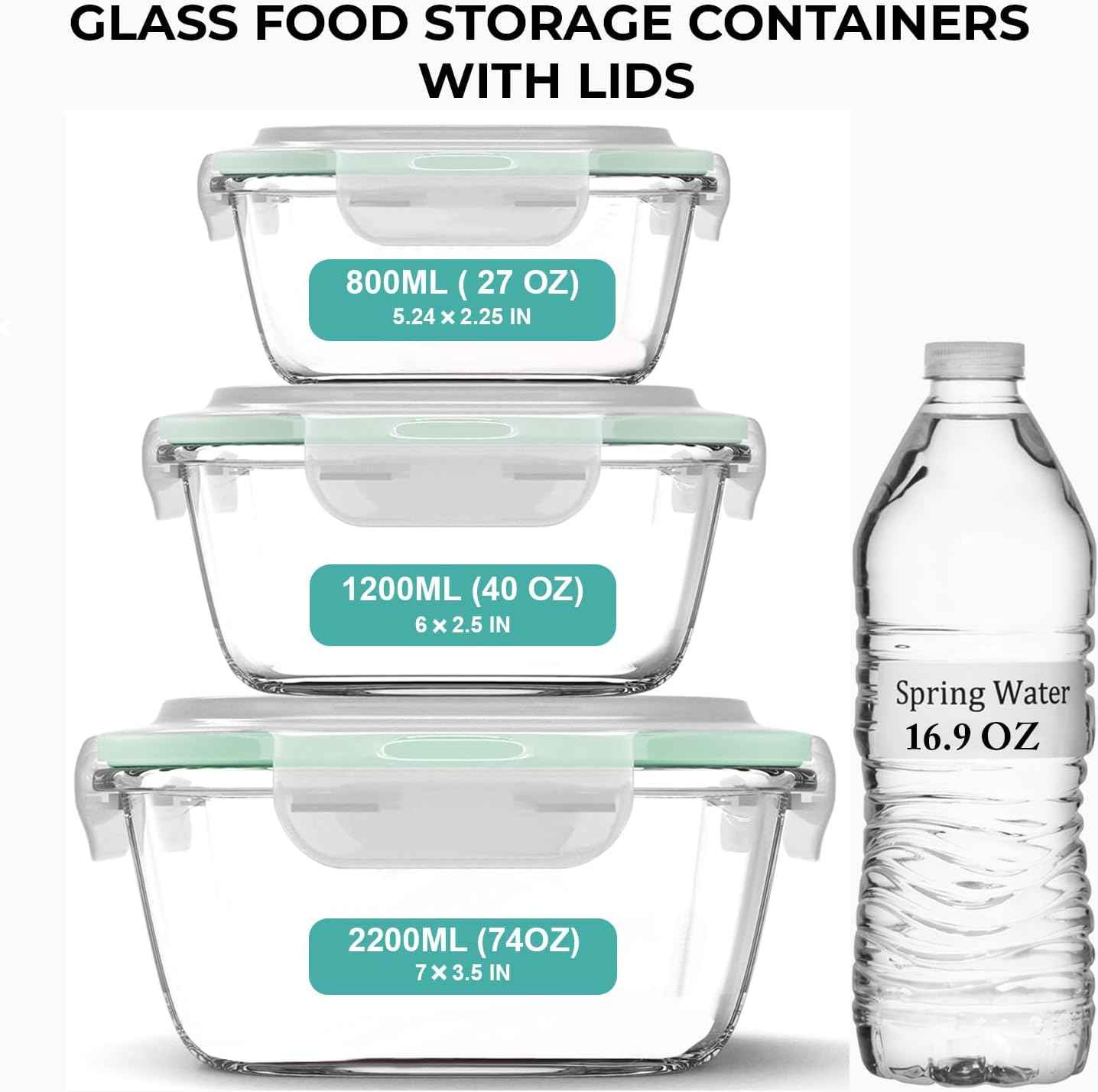 Razab 6 PC Square Glass Food Storage Containers with Airtight lids (74, 40 & 18 oz) Kitchen Glass Meal Prep Containers Set for Freezer Reusable Leftover Lunch Boxes, Oven, Microwave, Dishwasher Safe