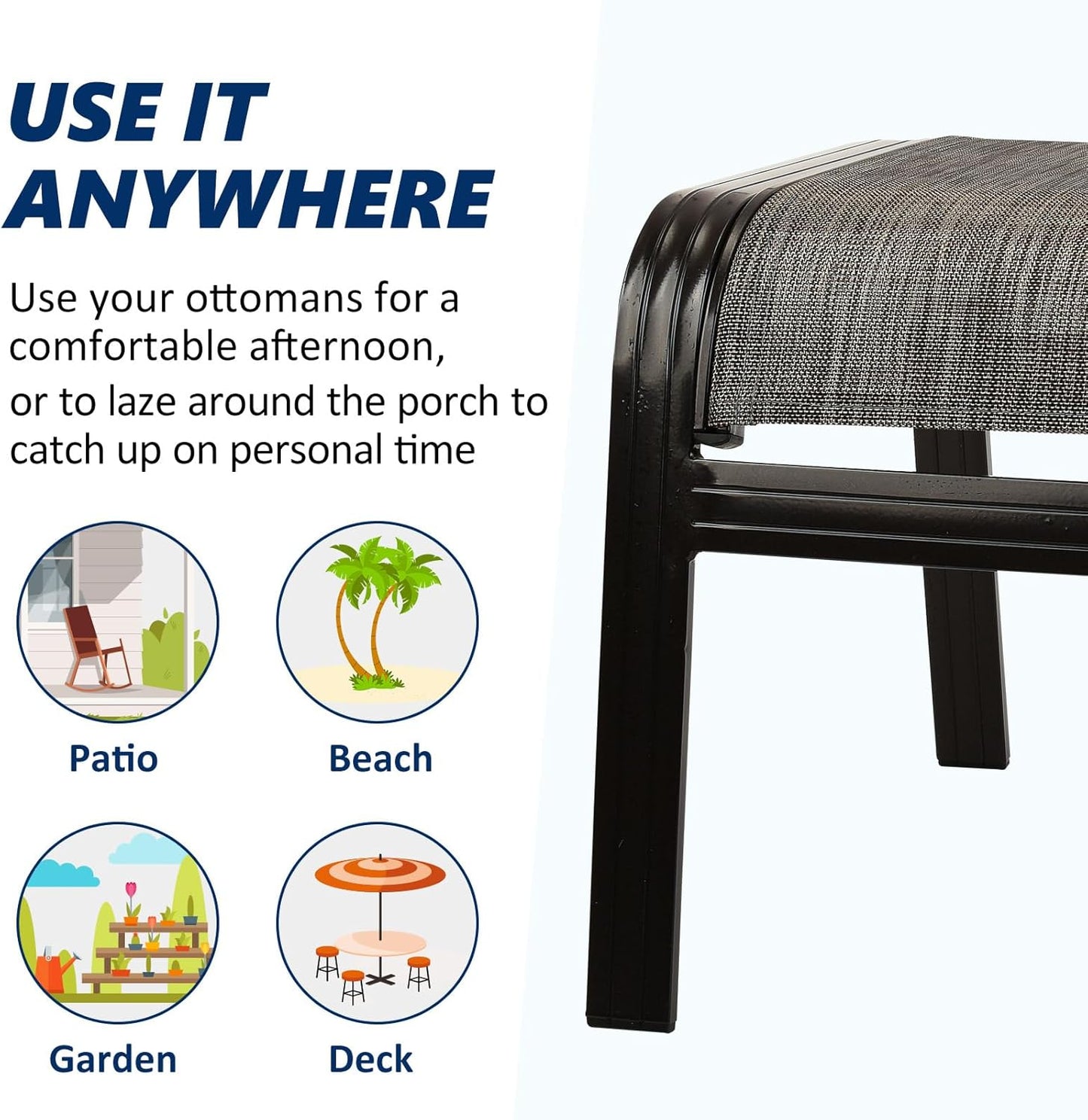 Outdoor Patio Ottoman Seat Textilene Portable Metal Footstool Portable Footrest Patio Chairs 2 Set New Brown