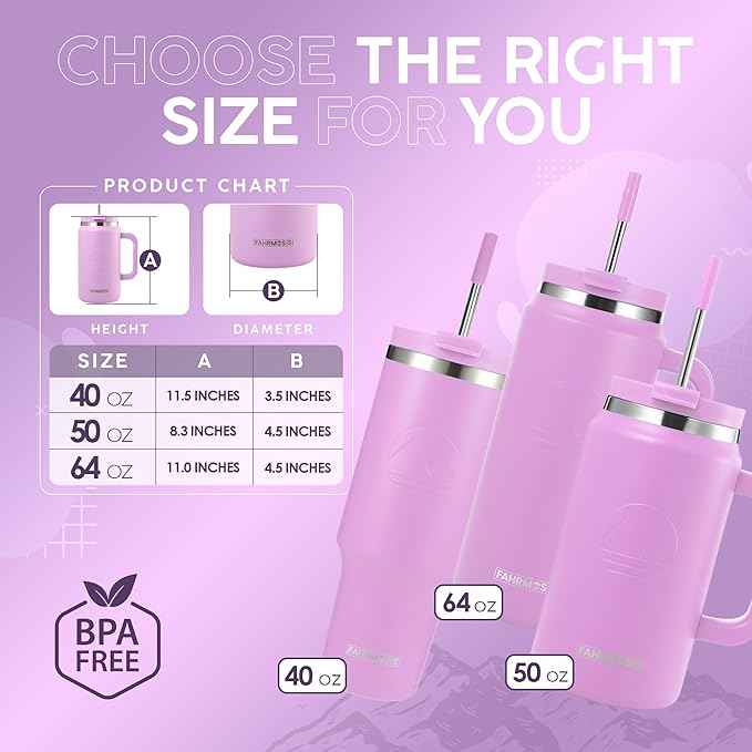 FAHRMOSIS 50 Oz Tumbler with Handle and Straw Large Insulated Tumbler Stainless Steel Travel Mug for Hot & Cold Drinks, Reusable Water Bottle with Lids and Straw - Lavender