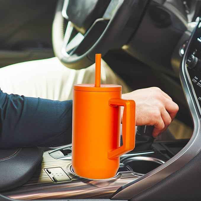 Elemental 40 oz Tumbler with Handle and Straw - Spill Proof Insulated Stainless Steel Commuter for Cold Beverages - Travel Coffee Mug with 2 Straws & Spill Proof Lid - 40oz - Orange