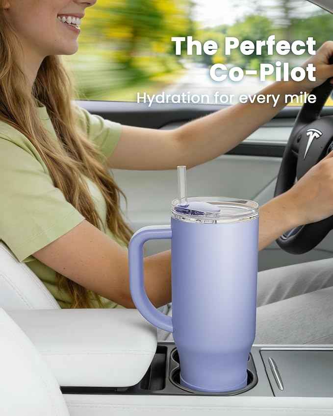 Renoj Insulated Mug 100% Spill Resistant Insulated Water Bottle for Iced Coffee & Hot Drinks - Fits Car Cup Holder, Ideal Gift, 2 Straws & Silicone Boot - FlexSlide Blue 32 oz