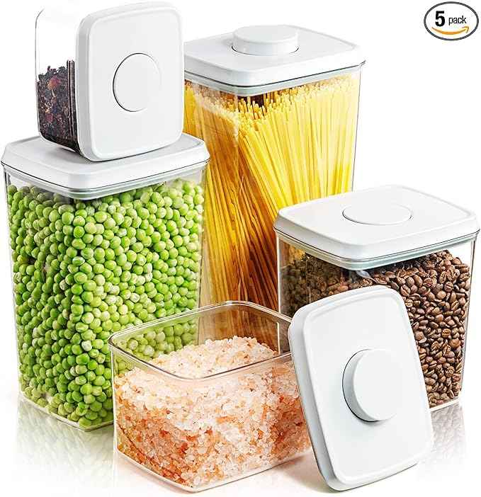 Pop Up Lid Food Storage Containers, Clear Storage Containers for Pantry Airtight Kitchen Containers Storage Set - 5 Pack for Cereal, Flour and Sugar, 3.5Qt, 2.9Qt, 2.1Qt, 1.3Qt, 0.6Qt