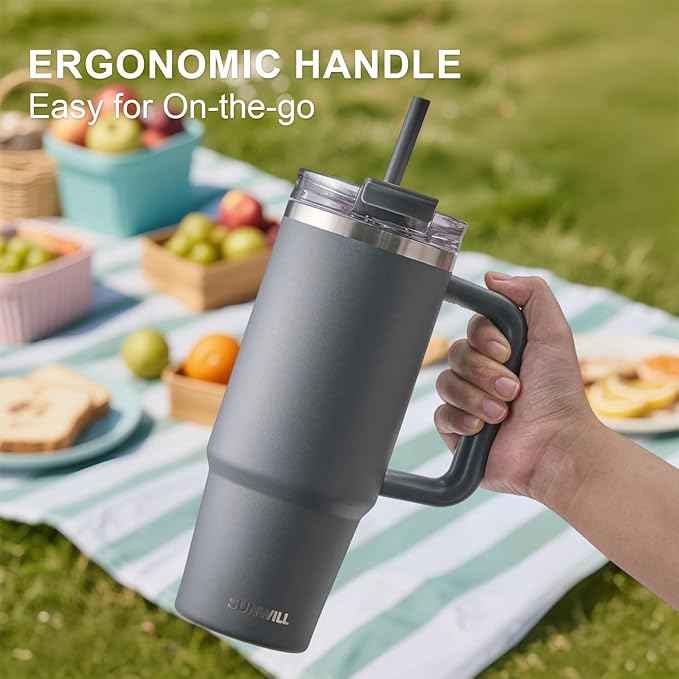 SUNWILL Travel Coffee Mug with Lid, 30 oz Tumbler with Handle and Straw Leak Proof, Stainless Steel Cup Insulated for Office & Camping, Cupholder Friendly, Powder Coated Charcoal