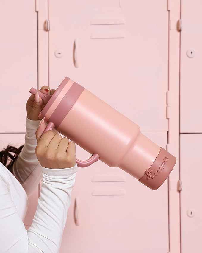 40 oz Insulated Tumbler with Handle and Push-Button Straw Lid, Stainless Steel Travel Cup for Gym Office, Leakproof, BPA-Free, Cup Holder Friendly, Bow Silicone Boot, (Peach Roasted)