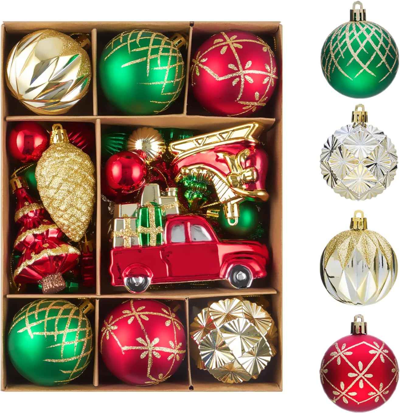 Christmas Ball Ornaments Set for Tree Decorations, 36ct Red Gold Green Classic Shatterproof Plastic Xmas Balls Decor Hanging Ornament Bulk for Holiday Wedding Birthday Party
