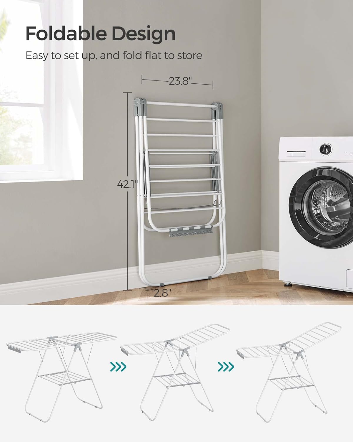 SONGMICS Clothes Drying Rack, with Sock Clips, Metal Laundry Rack, Foldable, Space-Saving, Free-Standing Airer, with 2 Height-Adjustable Gullwings, Indoor Outdoor Use, White and Gray ULLR052W02