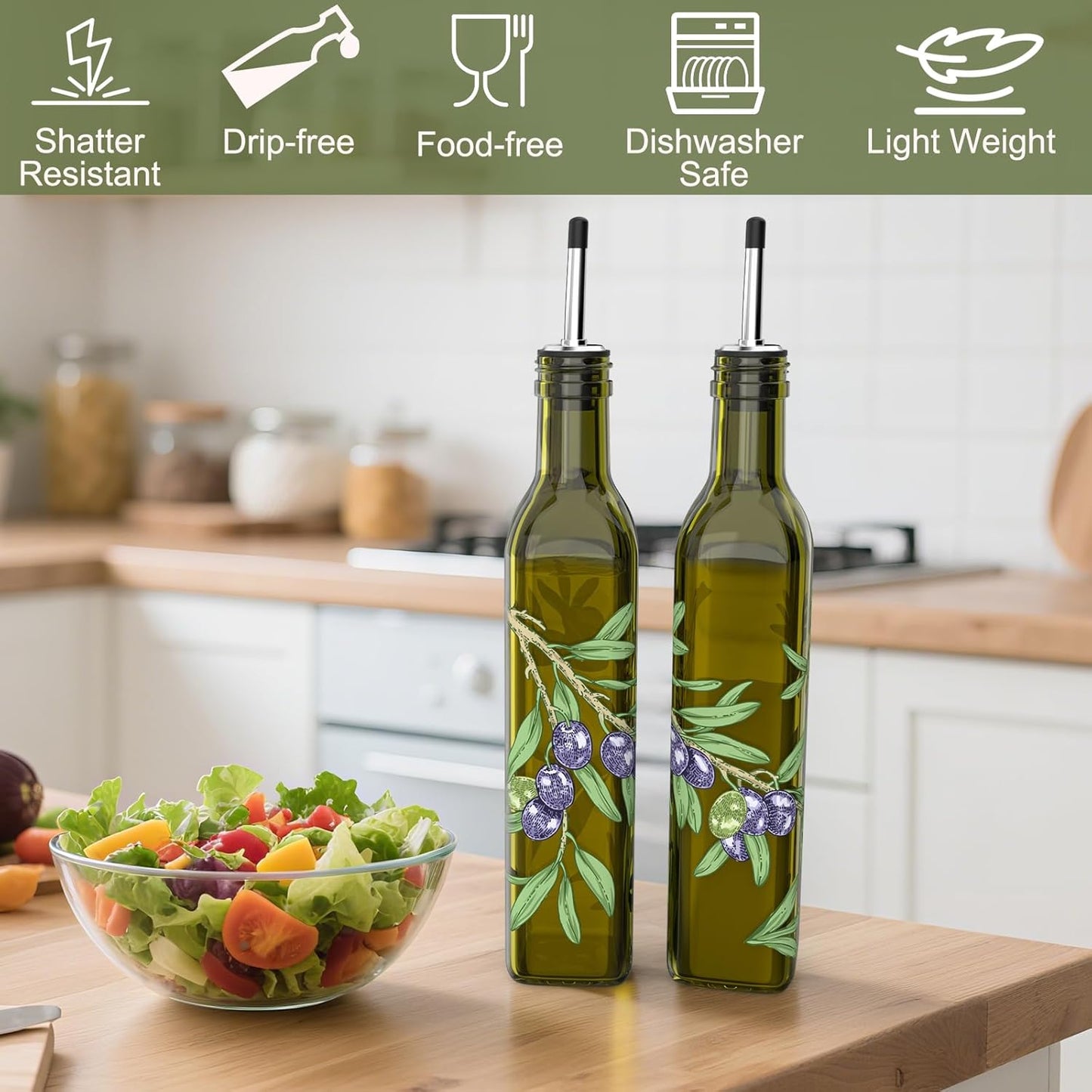 COOLMI Oil and Vinegar Dispenser Set - 17oz/500ML Premium Glass Olive Oil Dispenser Bottles for Kitchen, Oil Dispenser for Kitchen (Olive)