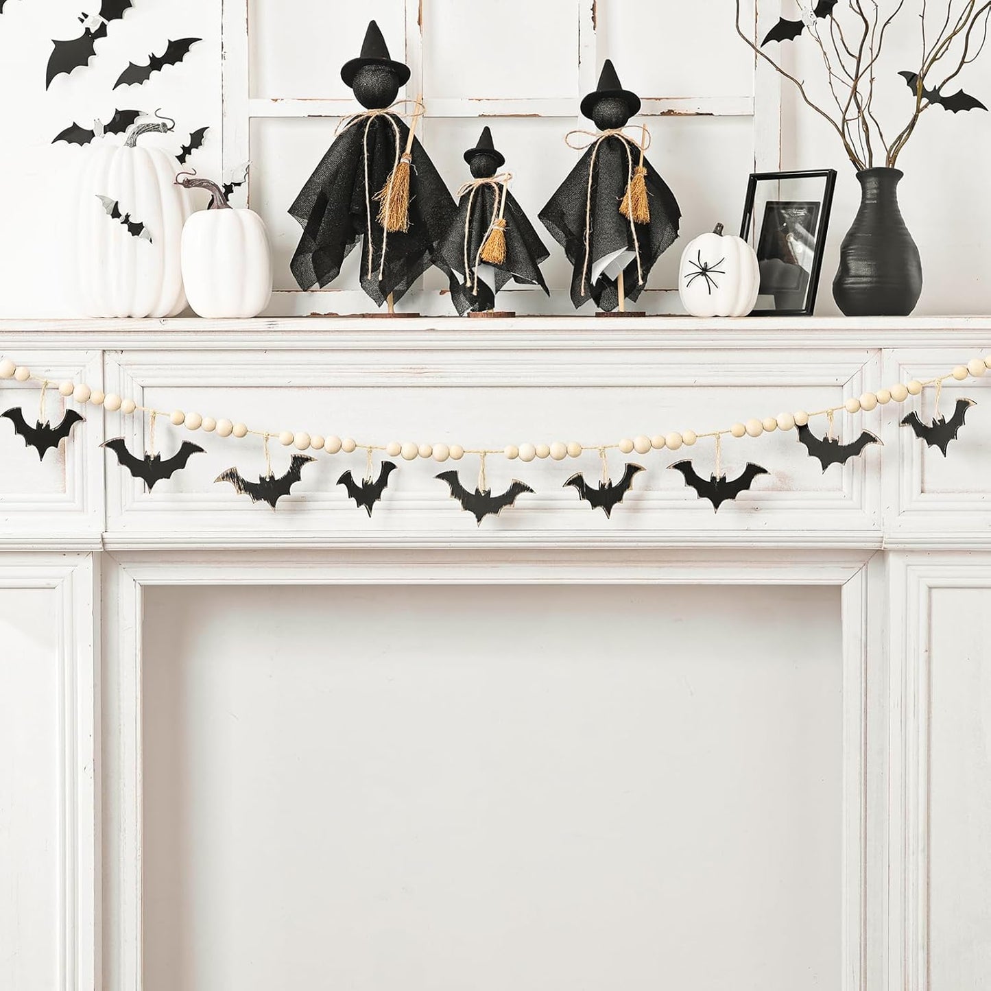 Halloween Garland, Farmhouse Wood Bats and Bead Garland for Halloween Decorations, Bat Banner for Wall Home Indoor Outdoor Black Halloween Decor Supplies