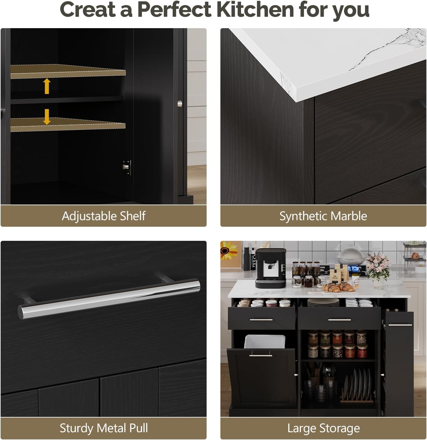 4 EVER WINNER Kitchen Island with Storage, Kitchen Island Cart on Wheels with Trash Can Cabinet, Spice Rack & Towel Rack, Kitchen Island Table with Faux Marble Countertop, Black