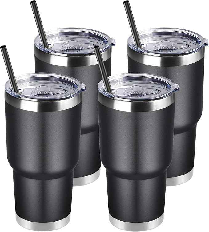 DOMICARE 30 oz Tumbler with Lid and Straw, Stainless Steel Tumblers Bulk, Insulated Vacuum Double Wall Travel Coffee Mug, Durable Powder Coated Tumbler Cups (Black, 4)