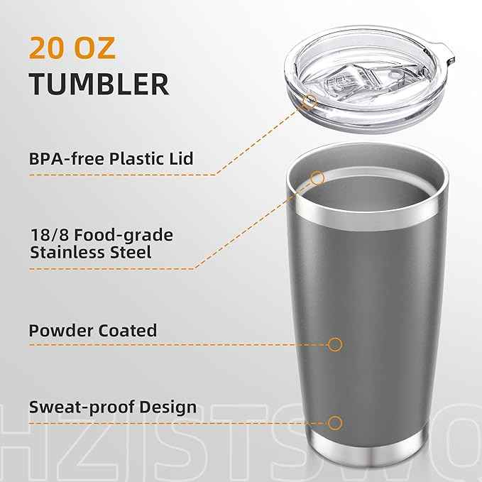 20 oz Tumbler Bulk with Lid Stainless Steel Insulated Tumblers Double Wall Vacuum Coffee Mug Powder Coated Tumbler Cups for Cold and Hot Drinks, Grey, 6 pack