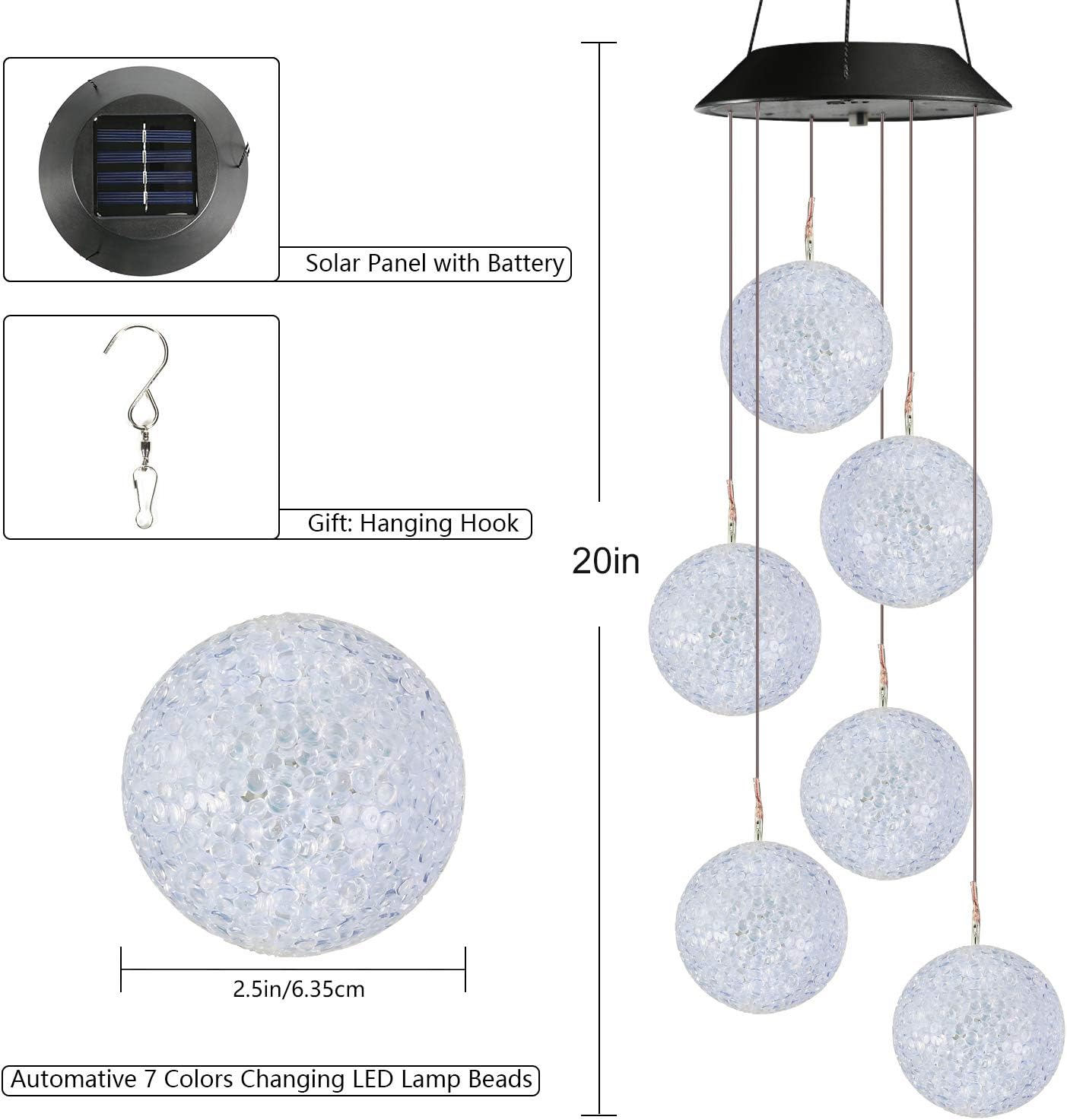 Toodour Solar Wind Chime, Color Changing Ball Wind Chimes, LED Decorative Mobile, Gifts for Mom Grandma, Waterproof Outdoor Solar Lights for Garden, Patio, Party, Yard, Window, Outdoor Decorations