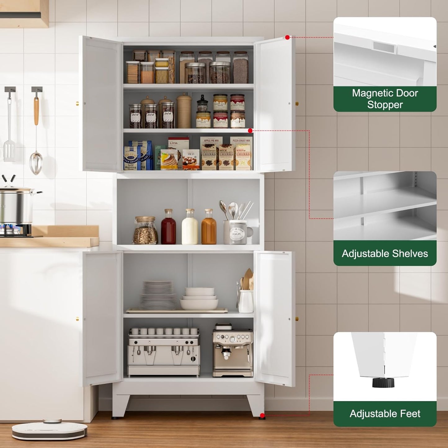 69" Tall Kitchen Pantry Cabinet, Metal Storage Cabinet with 4 Doors and Adjustbale Shelves, Freestanding Cupboards for Dining Room, Living Room, Bathroom