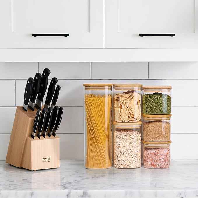 ComSaf Food Storage Containers with Airtight Lids Set of 6, Clear Glass Canister Food Jar with Sealing Lid Kitchen Pantry Storage Container for Spaghetti Pasta Sugar Flour Oat Cereal Beans, Square