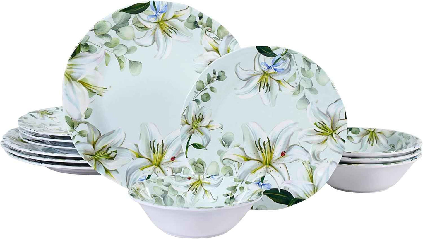 12-Piece Melamine Dinnerware Set - Shatterproof Plates and Bowls Sets for Everyday Dining,Elegant Lily Pattern Dish Set, Outdoor Picnics and RV Camping Green & White