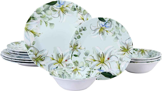 12-Piece Melamine Dinnerware Set - Shatterproof Plates and Bowls Sets for Everyday Dining,Elegant Lily Pattern Dish Set, Outdoor Picnics and RV Camping Green & White