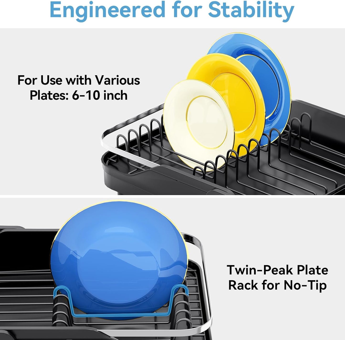 Urackify Expandable Dish Rack for Kitchen Counter,16.14"-23.62" Large Stainless Steel Dish Drying Rack with Adjustable Water Spout, Space Saving Dish Drainer with Auto Draining Cutlery Holder,Black