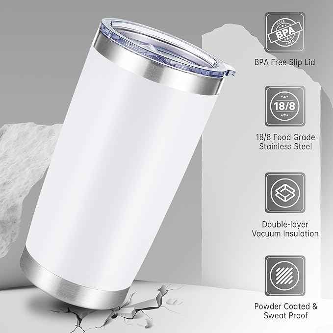 20 oz Tumbler Stainless Steel Tumblers with Lid Double Wall Vacuum Insulated Coffee Mug 20oz Powder Coated Cup for Hot and Cold Drinks, White, 1 pack