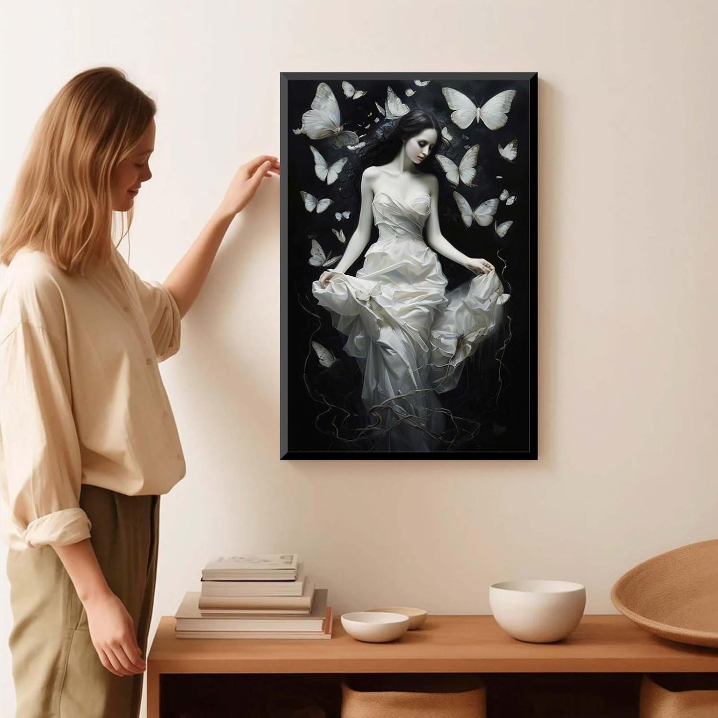 JFHCQJPK Vintage Gothic Feminine Canvas Wall Art Print Butterfly Poster Moody Preppy Wall Art Dark College Decor for Home Bedroom12x16in Metal blackFramed