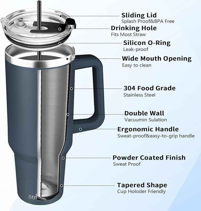 40 oz Tumbler with Handle, Insulated Tumbler with Lid and Straw, Reusable Stainless Steel Vacuum Insulated Cup, 100% Leak Proof Thermal Travel Coffee Mug Cup for Cold and Hot (Deep Blue)