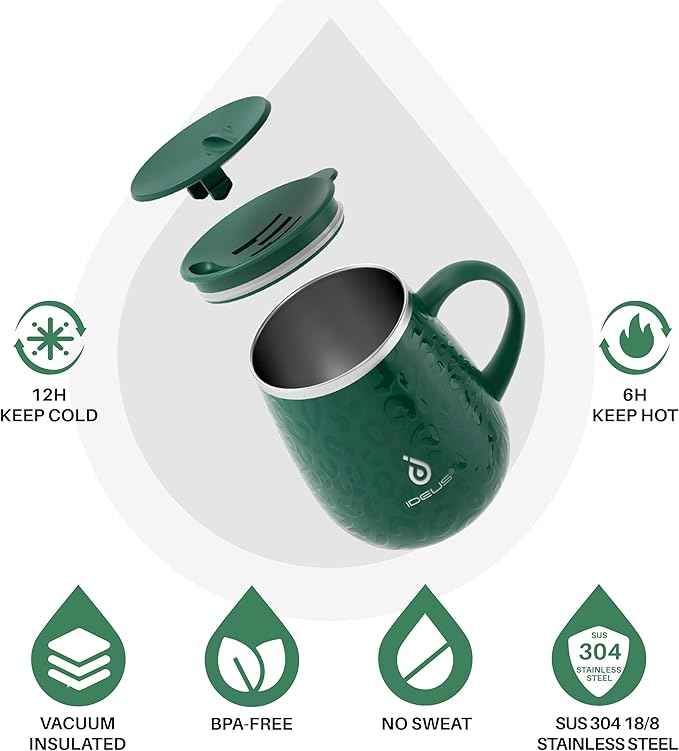 Ideus 16 oz (470 ml) Insulated Coffee Mug with Handle and Lid, Double Wall Stainless Steel Vacuum Thermal Coffee Mug, Travel Coffee Cup Thermal Cup for Home and Office, Leopard Green