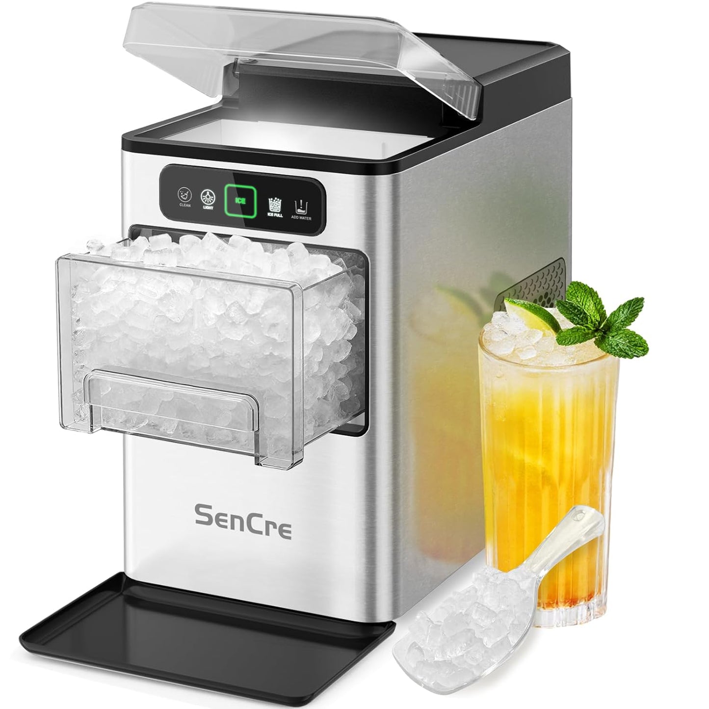 Nugget Ice Maker 40lbs/Day, Countertop Ice Maker Soft Chewable Ice, Ice Makers One-Click & Self-Cleaning, Crushed Pellet Ice Machine with Scoop&Basket for Home/Kitchen/Office, Stainless Silver