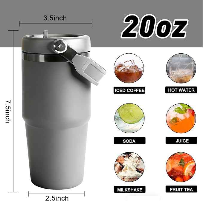 20 oz Tumbler with Handle, Insulated Tumbler with Lid and Flip Straw Leak Proof Double Wall Stainless Steel Vacuum Travel Coffee Mug Insulated Water Bottle Thermal Cup, Cupholder Friendly, Grey