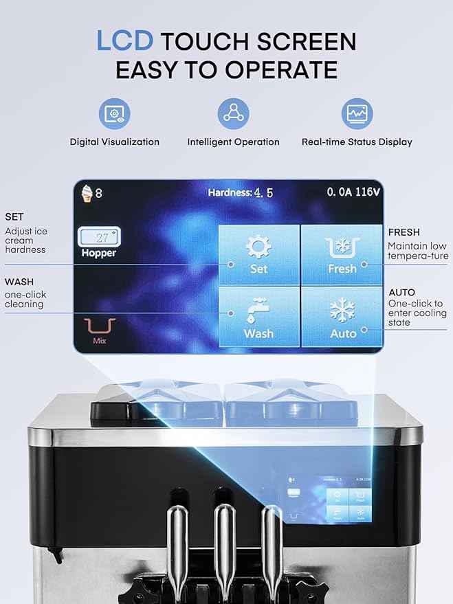 Commercial Ice Cream Machine 5.8-7.9 Gal/h, 3 Flavors Soft Serve Ice Cream Machine with 14L Hopper, Auto Clean Ice Cream Maker With Touch LCD Panel for Snack Restaurants Bars, 2200W