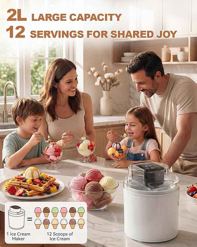 Ice Cream Maker Machine – 2.1 Quart Ice Cream Machine for Gelato, Sorbet & Frozen Yogurt, Ready in 20 Minutes, LCD Screen and Timer, Perfect for 10-16 Servings, Easy to Use & Clean