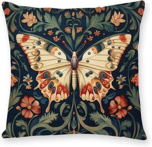 William Morris Abstract Vintage Floral Velvet Butterfly Design Throw Pillow Covers Home Decor, Retro Art Deco Pillowcase Cushion Cover for Bed Sofa Living Room, Square 18x18inch (Beige-Butterfly)