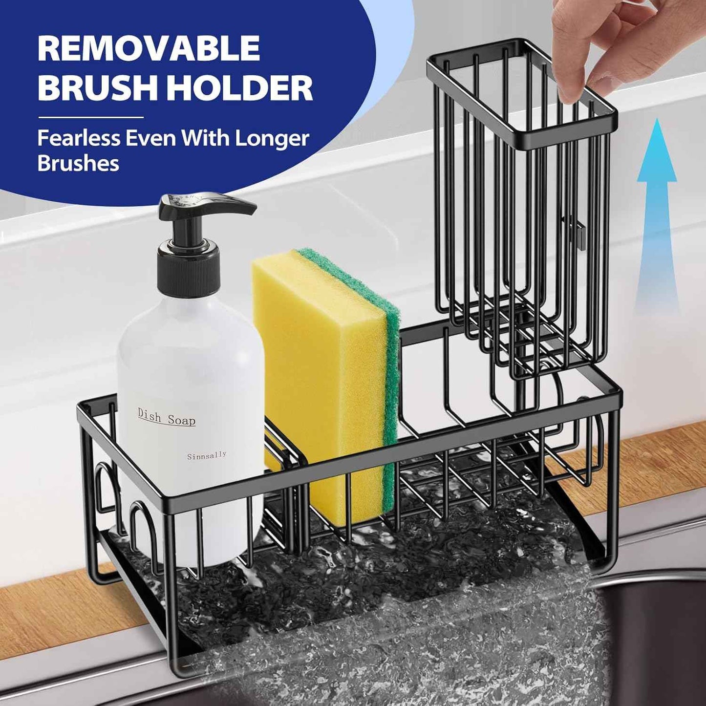 Sinnsally Kitchen Sponge Holder,Sink Caddy Organizer with Brush Holder,Stainless Steel Sink Box Dish Scrubber Holder with Self Drain Tray,Soap Dispenser Kitchen Storage Accessories(1 Tier-Black)