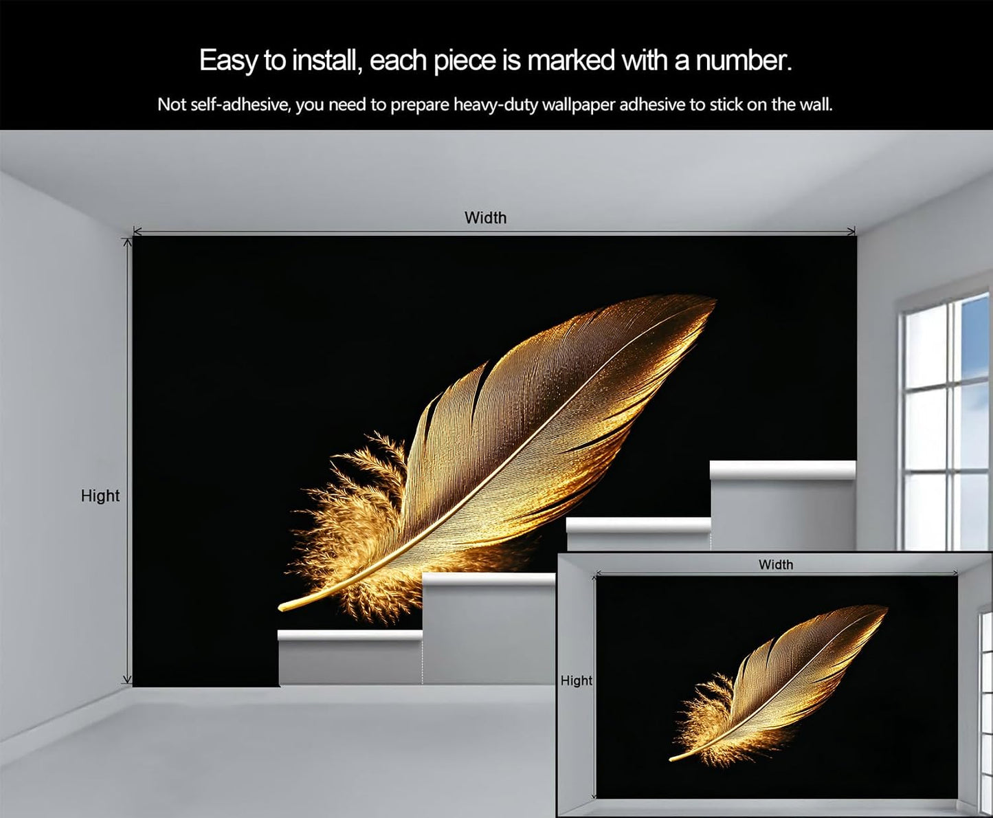 Feather Wallpaper, Golden Feather Mural, Modern Stylish Wall Art Mural Wallpaper for Living Room Bedroom Decor Murals - 157.5" W x 110.3" H (Not Peel Stick)