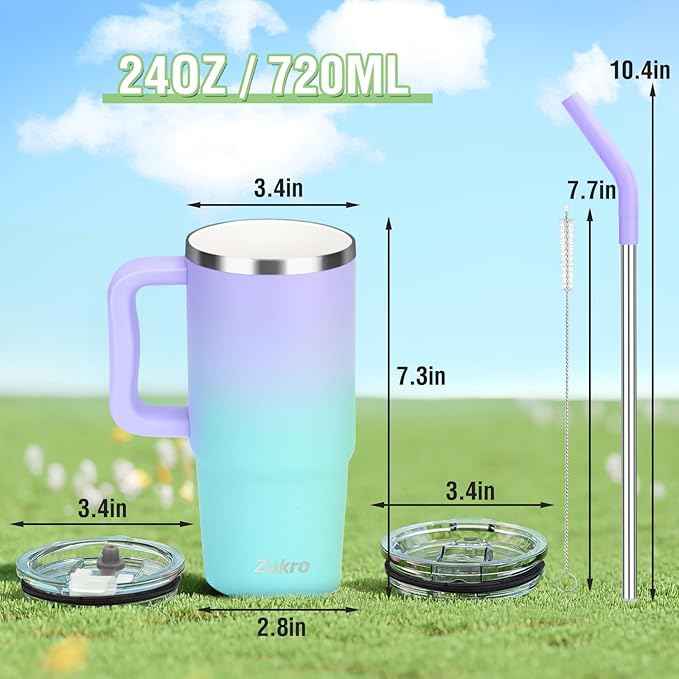 Zukro 24 oz Ceramic Lined Tumbler with Handle and Straw, No Metal Taste, Insulated Stainless Steel Coffee Mug with Spill Proof Lids for Home/Office, No Sweat, Keep Drinks Hot or Cold, Teal