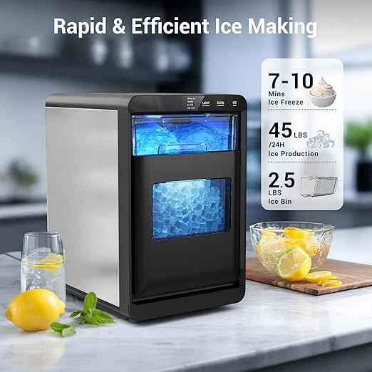 Nugget Ice Maker Countertop, 45Lbs/24H with Water Tank Pebble Ice Maker, Self-Cleaning Pellet Ice Machine Ready in 5-10min, Nugget Ice Machine for Kitchens/Home/Office