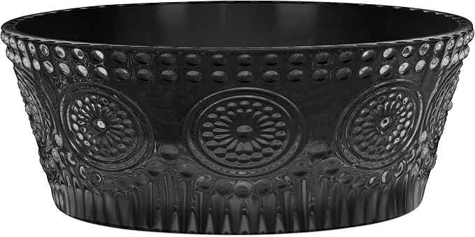 Boston International Vintage-Inspired Glass Serving Bowl with Embossed Floral Pattern for Salad Snacks Dinner, Large 7" x 2.75", Black Codi