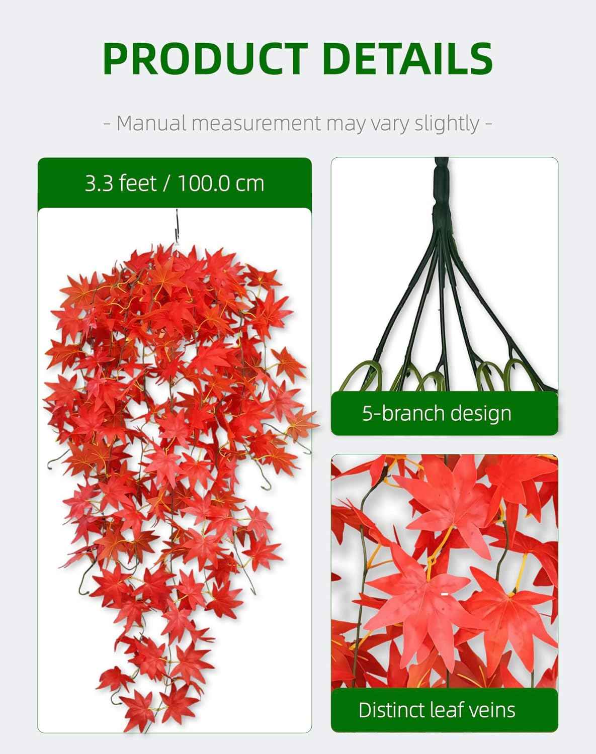 2 Pack Artificial Maple Leaf Hanging Plant (3.3ft) - Fake Fall Vine Greenery for Wall Decor, Indoor/Outdoor, Wedding & Party Decoration - No Basket (Dark Red)