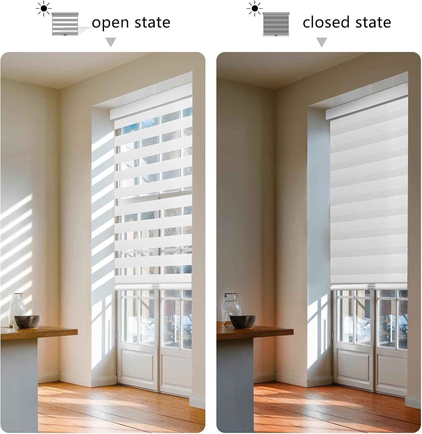 AOSKY Cordless Zebra Blinds for Windows Pull Down Roller Window Shades Dual Layer Light Filtering Privacy for Day and Night, Free-Stop Door Shades for Home Easy to Install (46" W X 72" H, White)