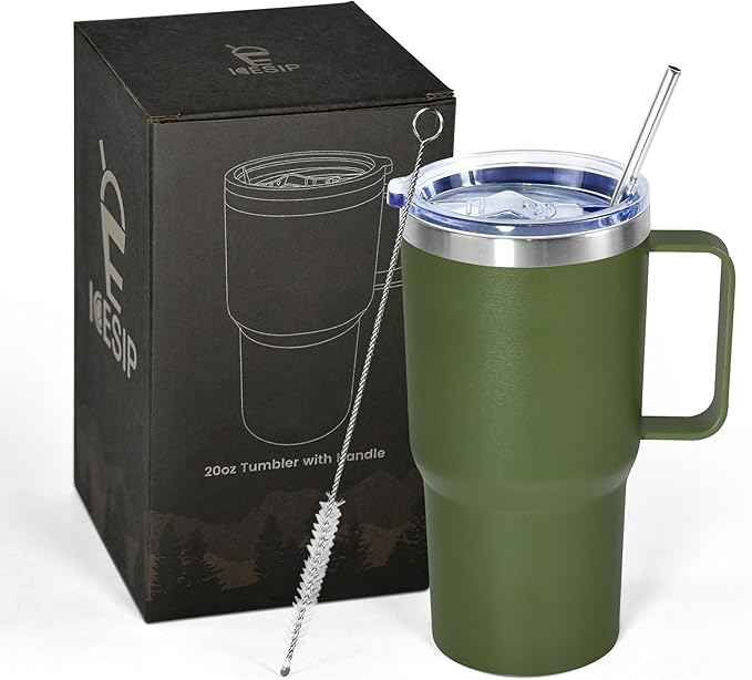 20 oz Tumbler with Handle, insulated cup coffee mug with lid, straw and handle, Double Wall Stainless Steel Vacuum Coffee Tumbler travel mug spill proof, 1pcs Army Green