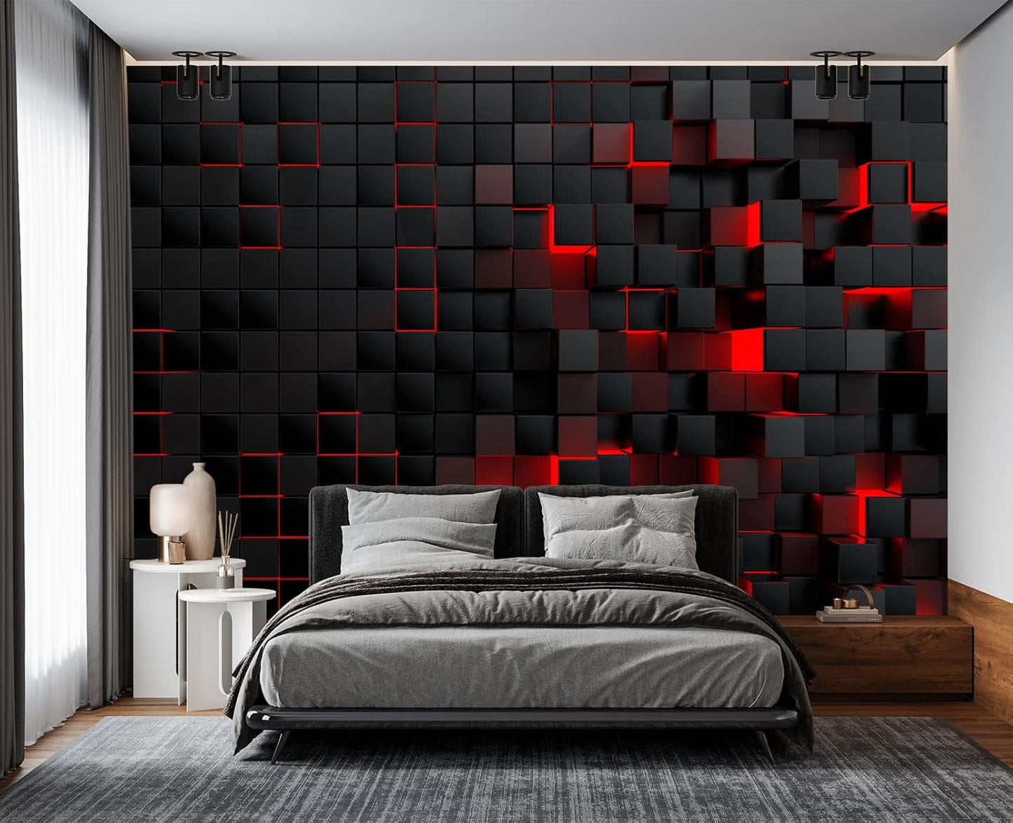 Tech Red Blocks Wall Mural Wallpaper for Bedroom 137" x 100"