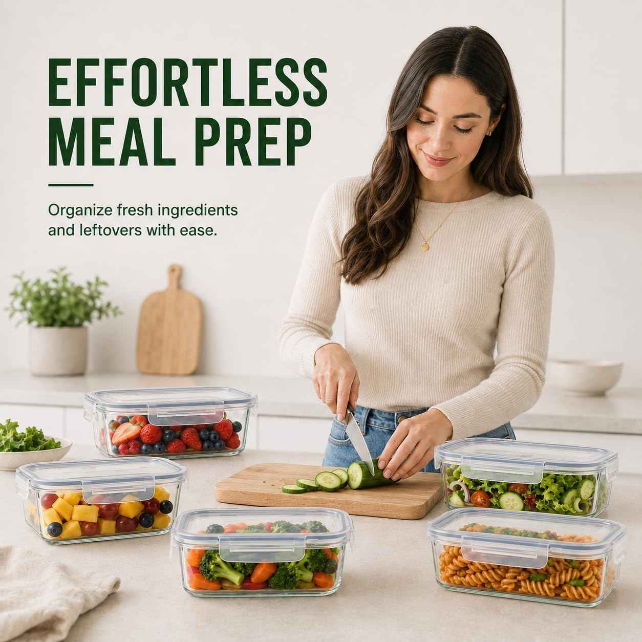 5 Pack 36oz Borosilicate Glass Food Storage Containers Set with Lids, Freezer Meal Prep Containers, Airtight Bento Lunch Container Set, Oven, Freezer and Dishwasher Safe, BPA Free, Kitchen Storage Set