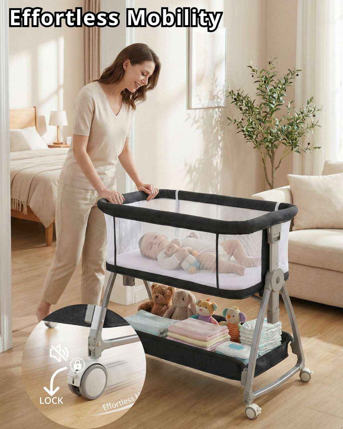 Bedside Bassinet for Baby, Sturdy 3 in 1 Bedside Sleeper with Mattress & Wheels, Height Adjustable, Breathable Mesh, Storage Basket, Easy to Assemble for Newborn, Black