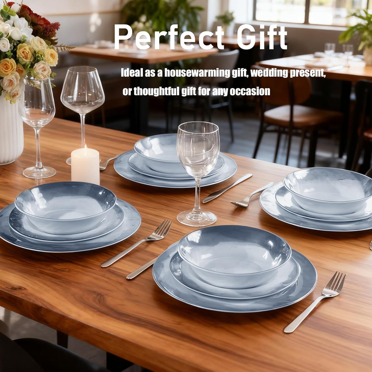 Melamine Dinnerware Sets-12 Pieces Outdoor Plates and Bowls Set for 4, Durable Dinner Plates for Camping Picnics Party, Chip Resistant Dishes, Grey Blue, Dishwasher Safe
