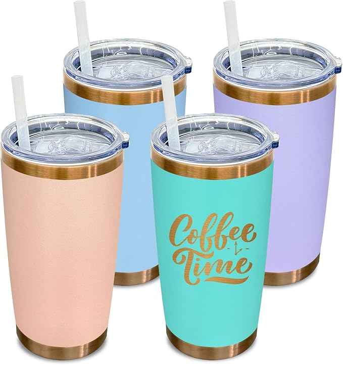 20 oz Tumbler Bulk 4 Pack Stainless Steel Tumblers with Lids and Straws, Double Wall Vacuum Insulated Travel Coffee Mug for Laser Engrave, Powder Coated Cups for Hot and Cold Drinks (Mixed C,4 pack)