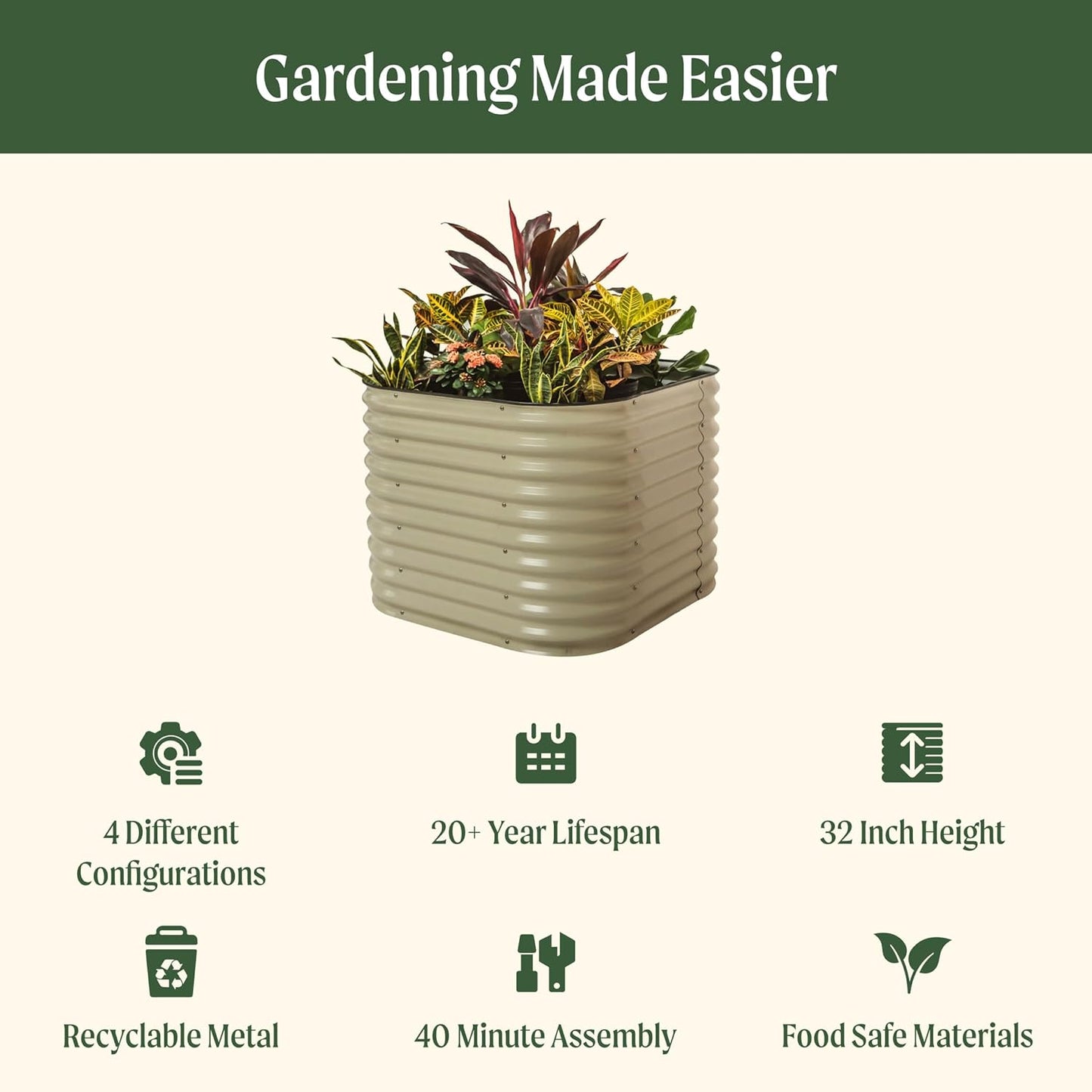 Vego garden 32" Extra Tall Raised Garden Bed Kits, 4 in 1 Modular Raised Planter Box for Vegetables Flowers Fruits Oval Metal Raised Garden Bed- Pearl White